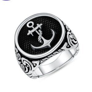 Sterling Silver 925 Anchor Round Oxidized Men's Ring